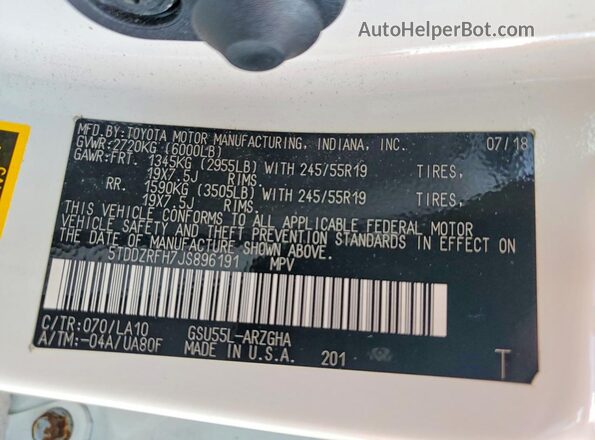 5TDDZRFH7JS896191 2018 TOYOTA HIGHLANDER White Widok naklejki z numerem VIN