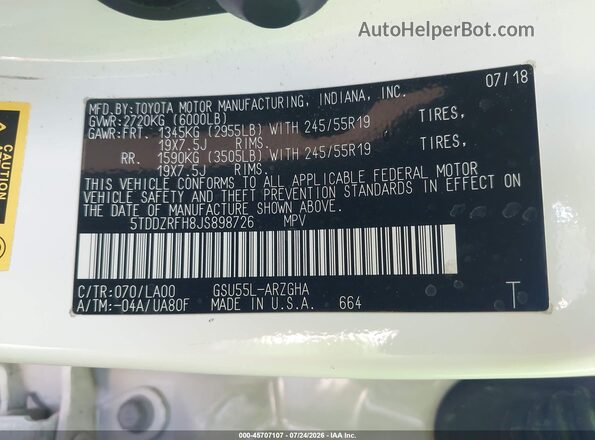 5TDDZRFH8JS898726 2018 TOYOTA HIGHLANDER White Вид підкапотного простору