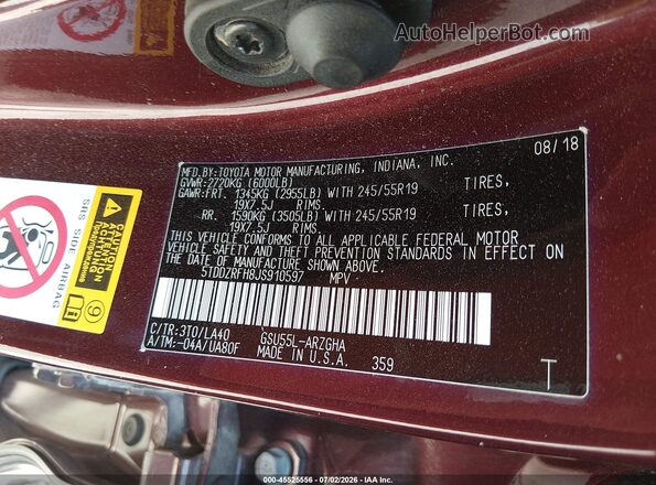 5TDDZRFH8JS910597 2018 TOYOTA HIGHLANDER Темно-бордовый Вид подкапотного пространства