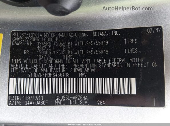 5TDDZRFH9HS456418 2017 TOYOTA HIGHLANDER Silver Widok komory silnika