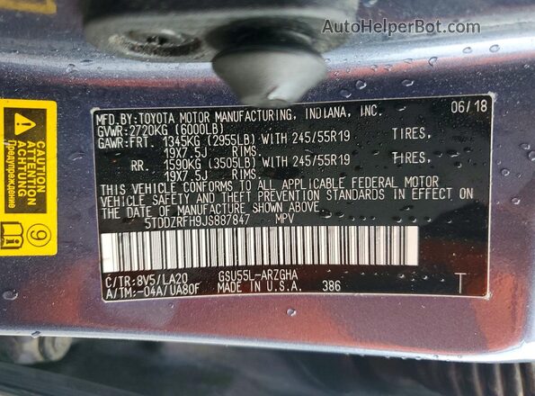 5TDDZRFH9JS887847 2018 TOYOTA HIGHLANDER Blue Вид наклейки з VIN-кодом