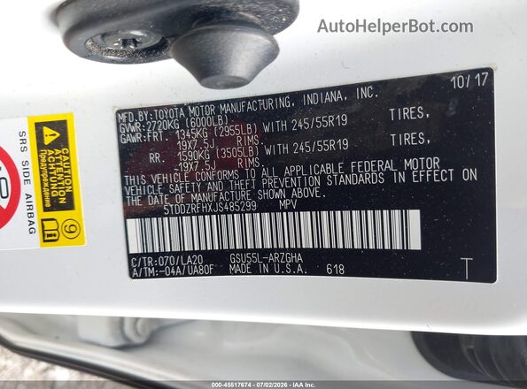 5TDDZRFHXJS485299 2018 TOYOTA HIGHLANDER White Շարժիչի բաժամունքի տեսք
