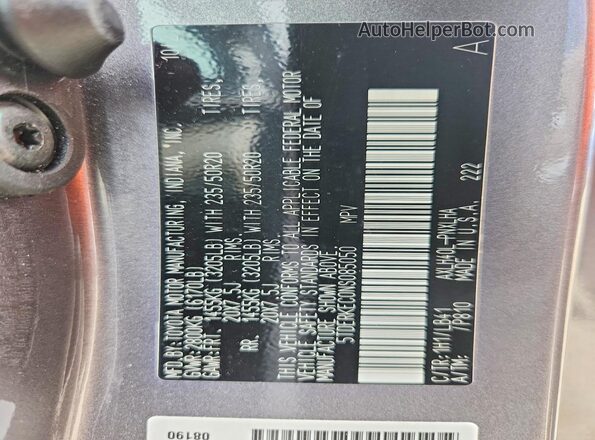 5TDERKEC0NS085050 2022 TOYOTA SIENNA Gray VIN sticker view
