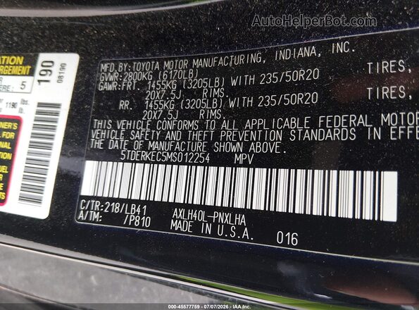 5TDERKEC5MS012254 2021 TOYOTA SIENNA Black ძრავის განყოფილების ხედი