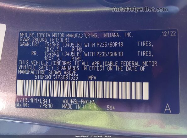 5TDESKFC4PS081525 2023 TOYOTA SIENNA Серый Вид подкапотного пространства