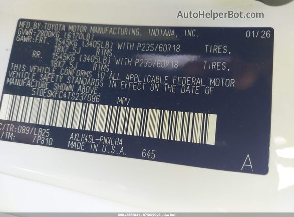 5TDESKFC4TS237086 2026 TOYOTA SIENNA White Շարժիչի բաժամունքի տեսք