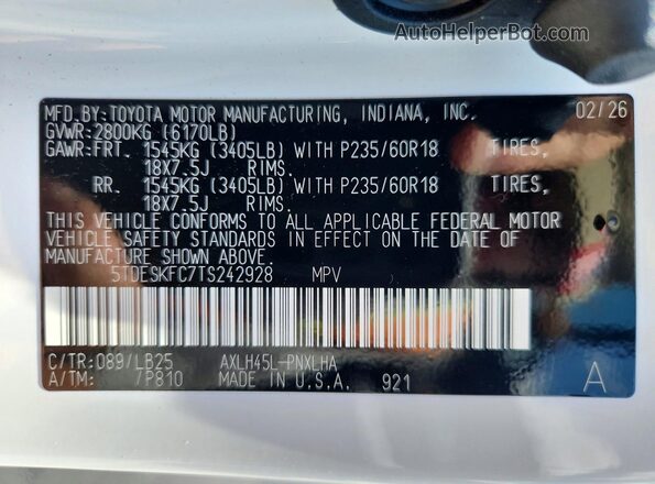 5TDESKFC7TS242928 2026 TOYOTA SIENNA White Widok naklejki z numerem VIN