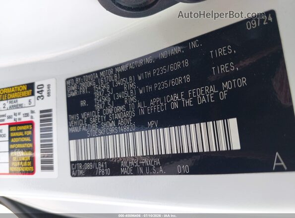 5TDESKFC9RS148820 2024 TOYOTA SIENNA White ძრავის განყოფილების ხედი