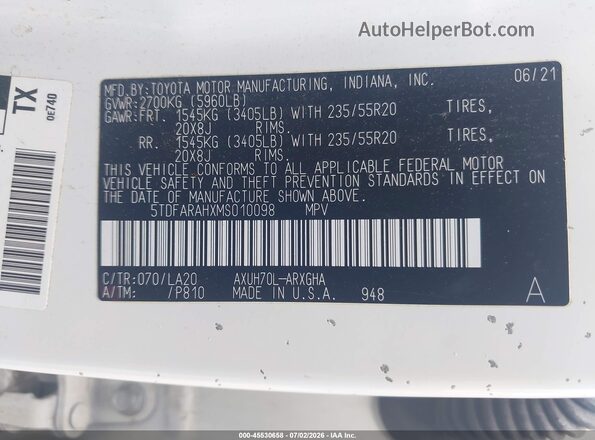 5TDFARAHXMS010098 2021 TOYOTA HIGHLANDER Cream Вид підкапотного простору
