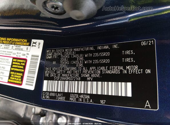 5TDFZRAH0MS072148 2021 TOYOTA HIGHLANDER Dark Blue Вид подкапотного пространства