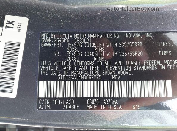 5TDFZRAH4MS067275 2021 TOYOTA HIGHLANDER Gray ძრავის განყოფილების ხედი