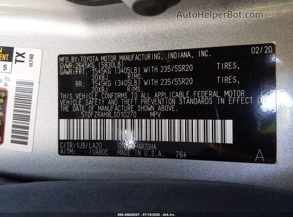 5TDFZRAH8LS010270 2020 TOYOTA HIGHLANDER Silver Vista del compartimento del motor