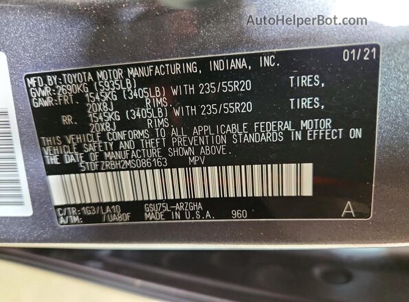 5TDFZRBH2MS086163 2021 TOYOTA HIGHLANDER Gray Vista de la etiqueta del VIN