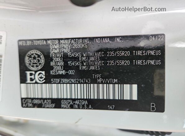 5TDFZRBH2NS214743 2022 TOYOTA HIGHLANDER White VIN კოდის სტიკერის ხედი