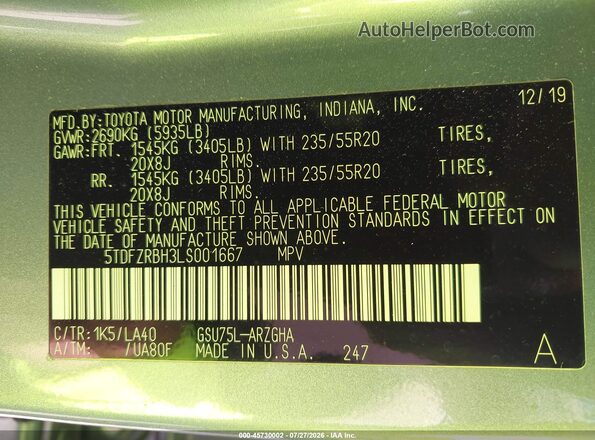 5TDFZRBH3LS001667 2020 TOYOTA HIGHLANDER Gray Շարժիչի բաժամունքի տեսք