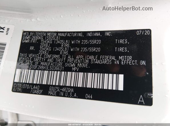 5TDFZRBH3LS036631 2020 TOYOTA HIGHLANDER White ძრავის განყოფილების ხედი