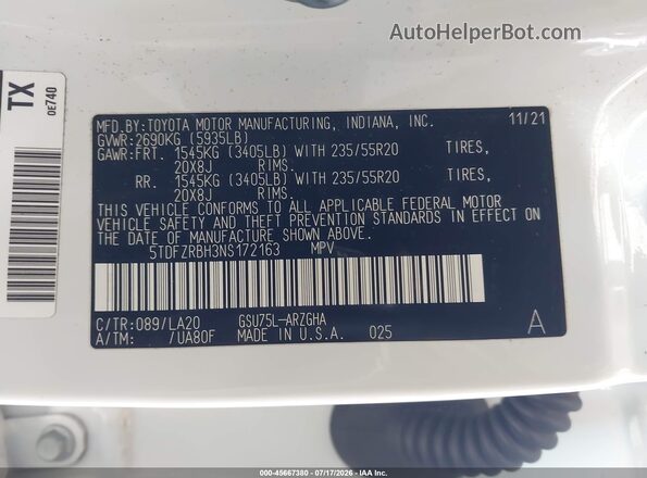 5TDFZRBH3NS172163 2022 TOYOTA HIGHLANDER White Вид підкапотного простору