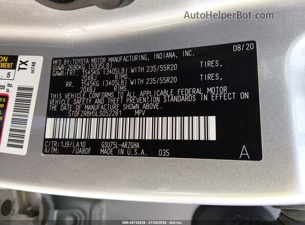 5TDFZRBH5LS052281 2020 TOYOTA HIGHLANDER Silver Engine compartment view