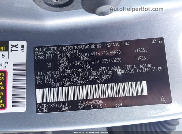 5TDFZRBH9NS193390 2022 TOYOTA HIGHLANDER Серый Вид подкапотного пространства