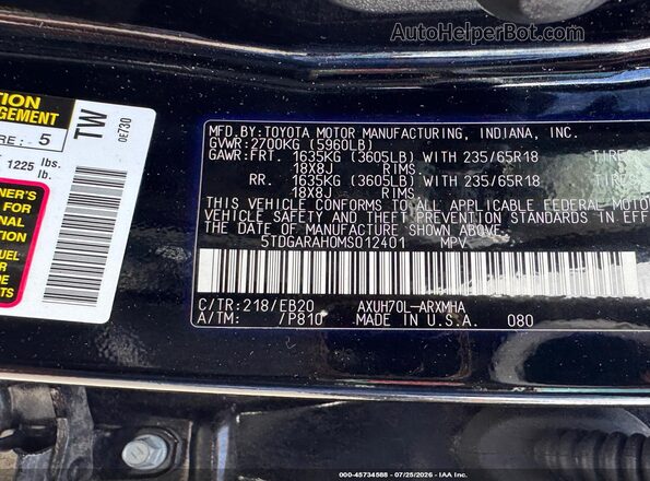 5TDGARAH0MS012401 2021 TOYOTA HIGHLANDER Черный Вид подкапотного пространства