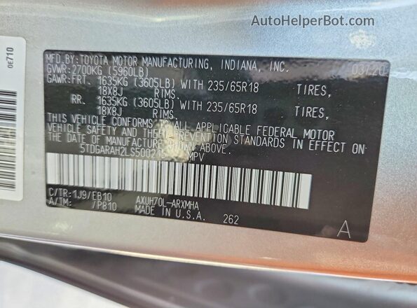 5TDGARAH2LS500215 2020 TOYOTA HIGHLANDER Silver VIN კოდის სტიკერის ხედი