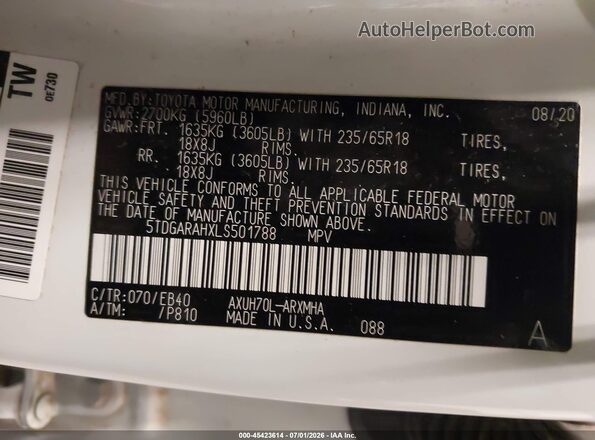 5TDGARAHXLS501788 2020 TOYOTA HIGHLANDER White Engine compartment view