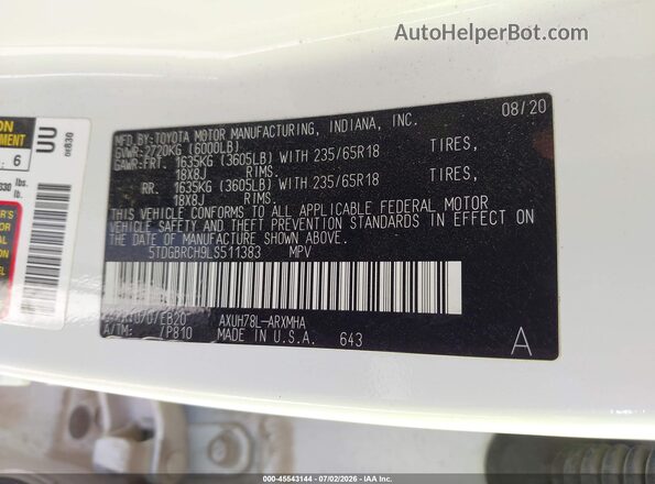 5TDGBRCH9LS511383 2020 TOYOTA HIGHLANDER White ძრავის განყოფილების ხედი