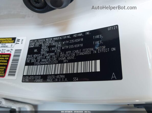 5TDGZRAH0MS533269 2021 TOYOTA HIGHLANDER Белый Вид подкапотного пространства
