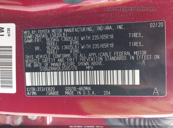 5TDGZRAH2LS505178 2020 TOYOTA HIGHLANDER Red Widok komory silnika