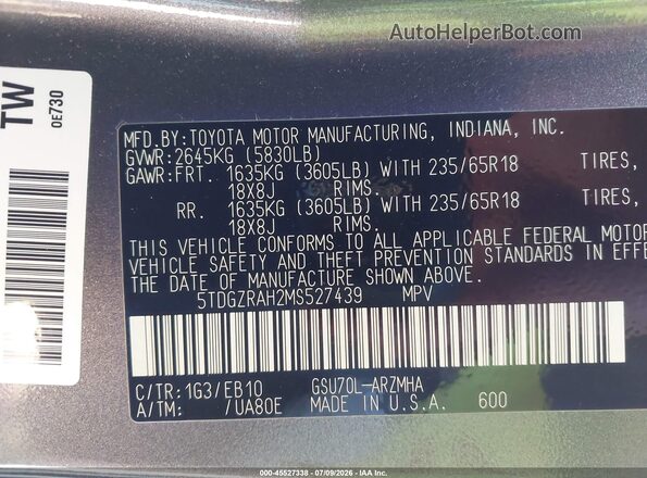 5TDGZRAH2MS527439 2021 TOYOTA HIGHLANDER Gray Vista del compartimento del motor