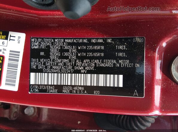 5TDGZRAH5LS023417 2020 TOYOTA HIGHLANDER Burgundy Widok komory silnika