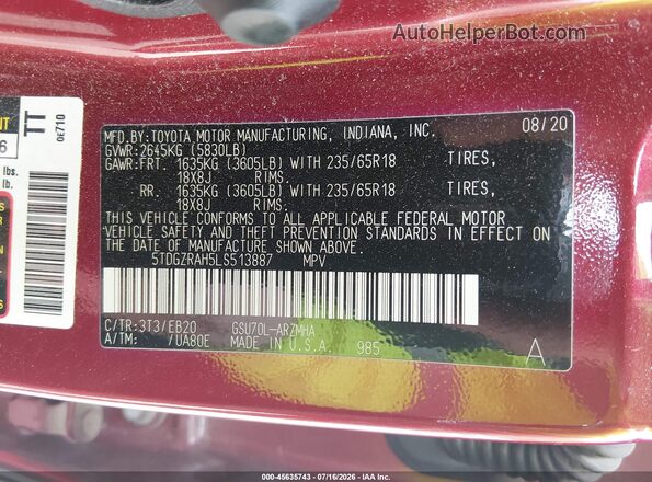 5TDGZRAH5LS513887 2020 TOYOTA HIGHLANDER Red Widok komory silnika