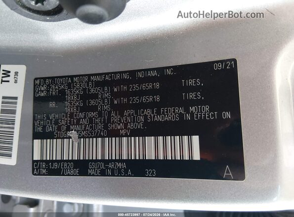 5TDGZRAH5MS537740 2021 TOYOTA HIGHLANDER Gray Вид підкапотного простору