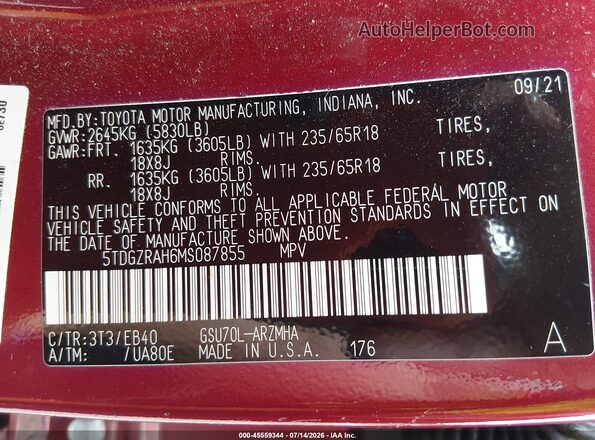 5TDGZRAH6MS087855 2021 TOYOTA HIGHLANDER Maroon ძრავის განყოფილების ხედი