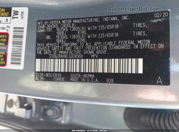 5TDGZRAH8LS008068 2020 TOYOTA HIGHLANDER Gray Вид підкапотного простору