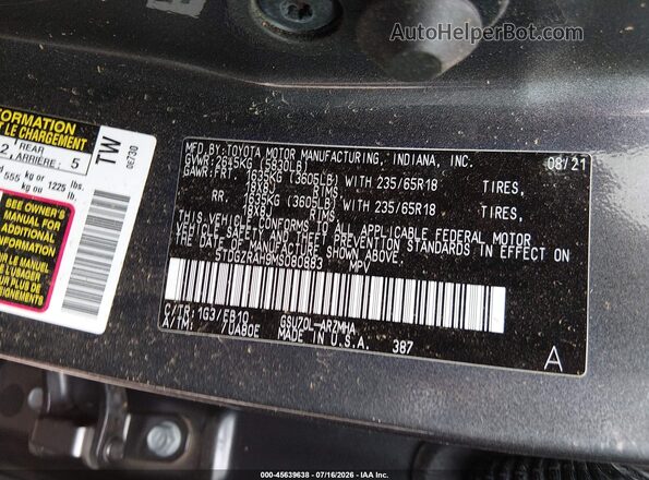 5TDGZRAH9MS080883 2021 TOYOTA HIGHLANDER Gray უკანა სავარძლების ხედი