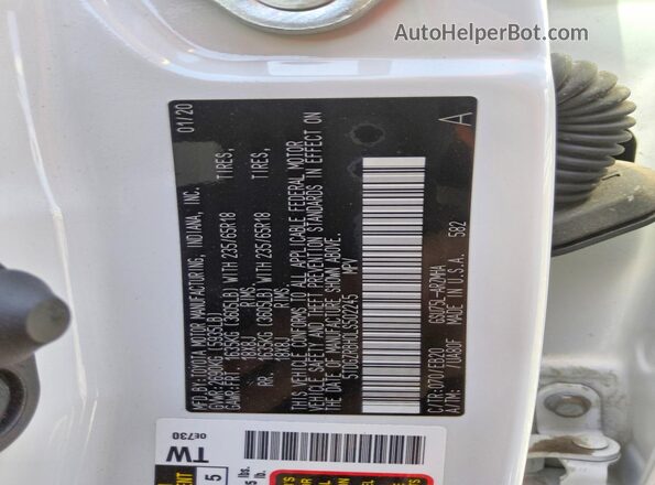 5TDGZRBH0LS502245 2020 TOYOTA HIGHLANDER White Vista interior de 360 grados