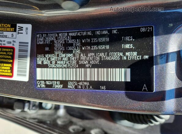 5TDGZRBH2MS152554 2021 TOYOTA HIGHLANDER Серый Вид наклейки с VIN-кодом