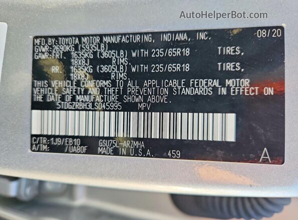 5TDGZRBH3LS045995 2020 TOYOTA HIGHLANDER Silver VIN sticker view