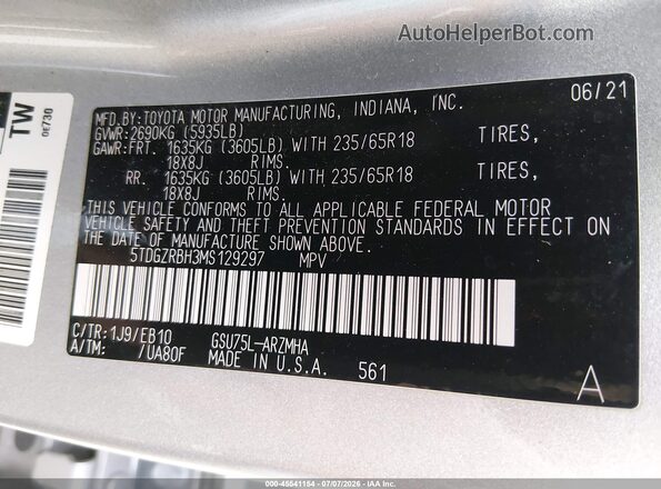 5TDGZRBH3MS129297 2021 TOYOTA HIGHLANDER Silver ძრავის განყოფილების ხედი