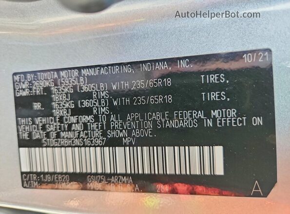 5TDGZRBH3NS163967 2022 TOYOTA HIGHLANDER Gray Widok wnętrza 360 stopni
