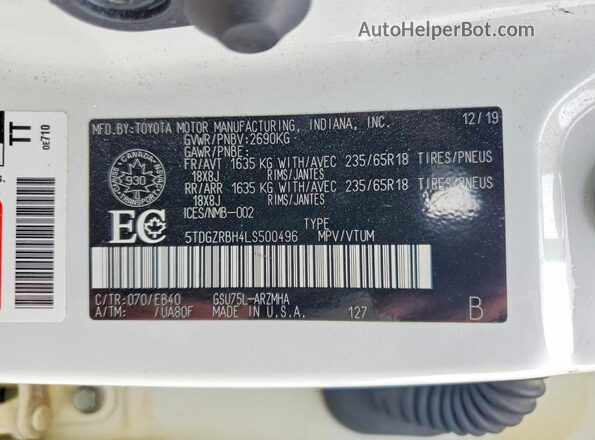 5TDGZRBH4LS500496 2020 TOYOTA HIGHLANDER White Панорамний вид салону 360°