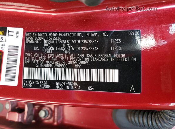 5TDGZRBH4LS509909 2020 TOYOTA HIGHLANDER Burgundy Սալոնի 360 աստիճան տեսք