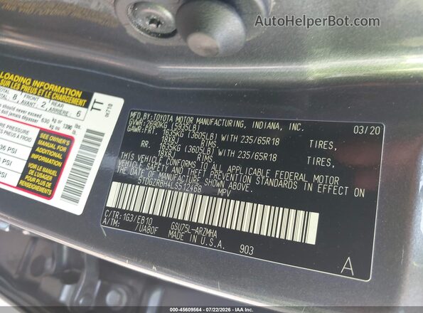 5TDGZRBH4LS512468 2020 TOYOTA HIGHLANDER Gray Widok komory silnika