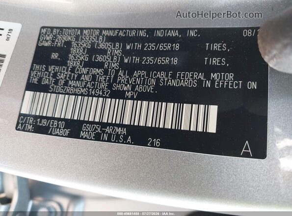 5TDGZRBH6MS149432 2021 TOYOTA HIGHLANDER Silver ძრავის განყოფილების ხედი