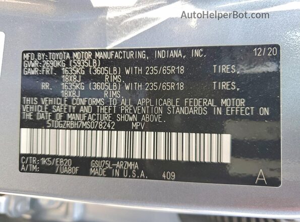 5TDGZRBH7MS078242 2021 TOYOTA HIGHLANDER Синий Вид наклейки с VIN-кодом