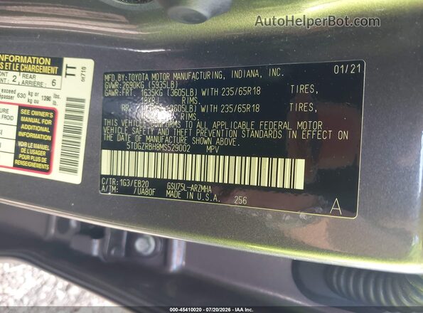5TDGZRBH8MS529002 2021 TOYOTA HIGHLANDER Gray Вид підкапотного простору