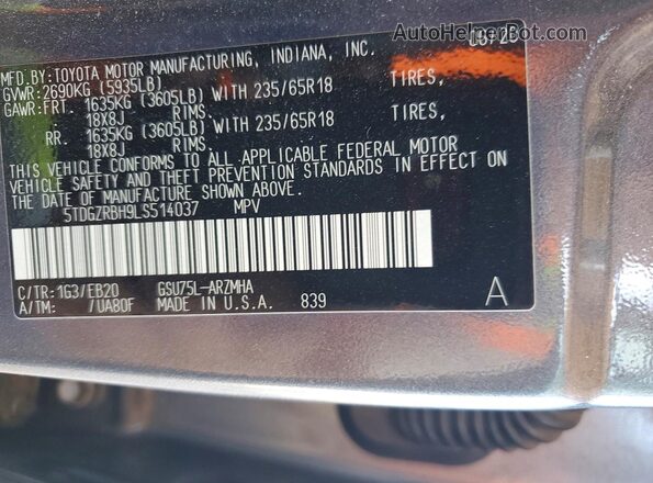 5TDGZRBH9LS514037 2020 TOYOTA HIGHLANDER Charcoal 360 interior view