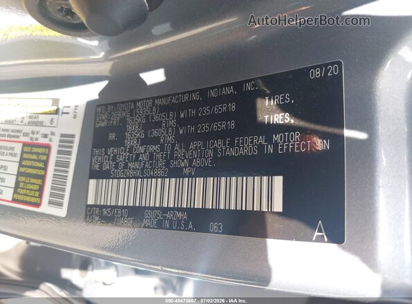 5TDGZRBHXLS048862 2020 TOYOTA HIGHLANDER Gray Vista del compartimento del motor
