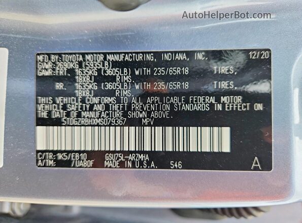 5TDGZRBHXMS079367 2021 TOYOTA HIGHLANDER Blue VIN կոդի պիտակի տեսք